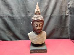 A Lovely Buddha Bust on Wooden Stand. H.43 Cm.