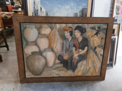 A Wooden Framed Painted on Wood of 2 Person Surrounded by Pots.
W.108 H.80 Cm.