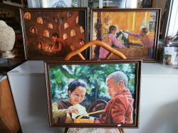 A Selection of 3 Framed Monk Paintings. W.67 H.52 Cm.