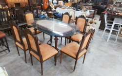 Antique Dining Table with Thick Glass Top W.90 L.150 H.80 Cm. with 6 Antique Chairs.