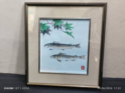5555/1181 A framed painting of Ayu fish in clear steam with the stamp (40*38 CM.)