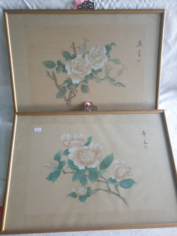 2 Good quality oriental hand painted on silk pictures both signed in original gilt wood  frame Size: 22