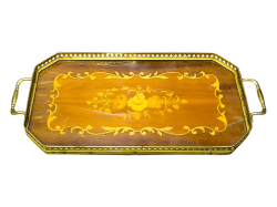 A vtg. Italian wood inlaid serving tray with gilt gallery and handles