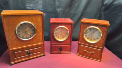 3 Wooden box clocks with drawers, all working