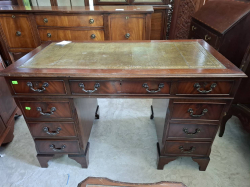 (1) Mahogany double Pedestal Desk with Tooled leather.  H. 78 L.122 Cm Depth 59 cm